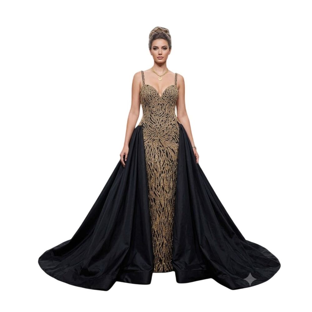 NWT Sherri Hill Black Gold Beaded Fitted Ball Gown Overskirt Formal Dress Size 8